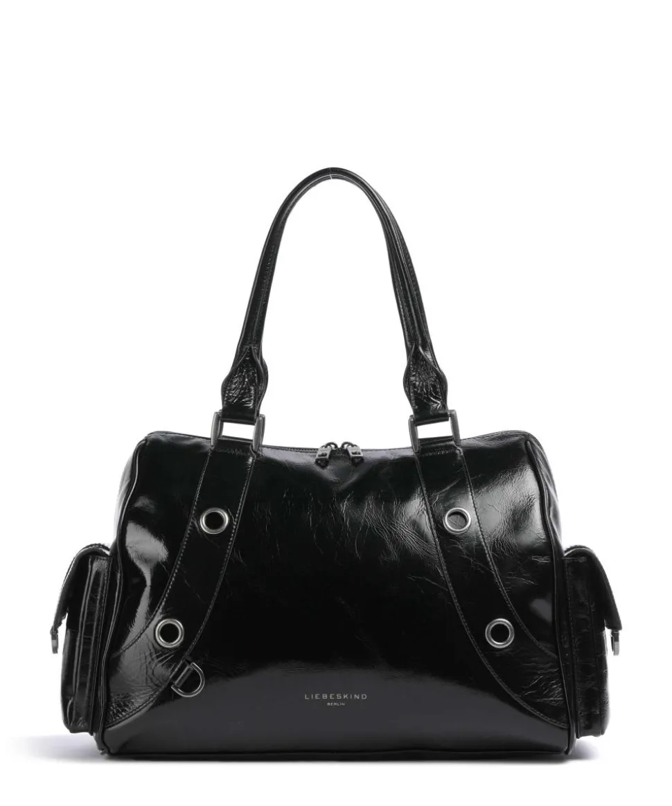 Nika Lack Distressed L Schultertasche fein genarbtes Rindsleder schwarz