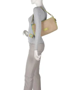 Oceania Pepita Schultertasche Bast, genarbtes Kalbsleder beige/grün