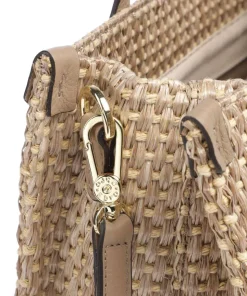 Raffia Susanna Shopper Bast, genarbtes Rindsleder braun