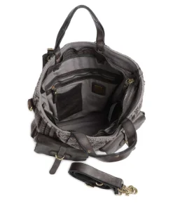 Rucksack-Tasche Baumwolle, genarbtes Rindsleder dunkelgrau