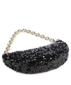 Sequins Moon Schultertasche fein genarbtes Rindsleder, Textil schwarz