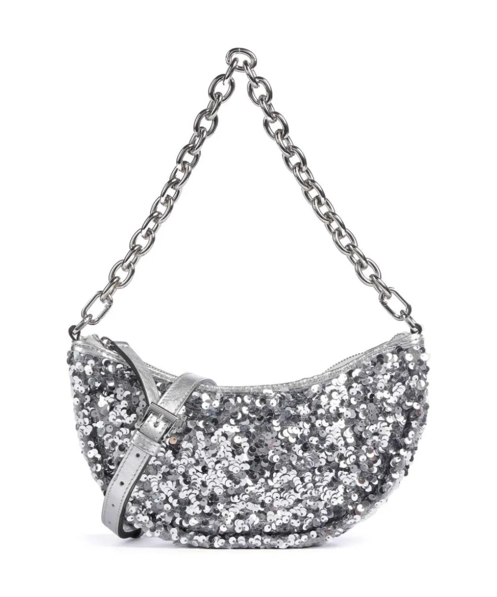 Sequins Moon Schultertasche fein genarbtes Rindsleder, Textil silber