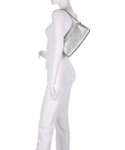 Shimmer Agnes Schultertasche genarbtes Leder silber