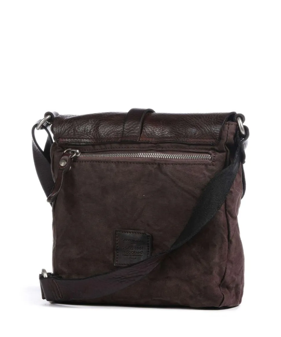 Umhängetasche Baumwolle, genarbtes Rindsleder dunkelbraun