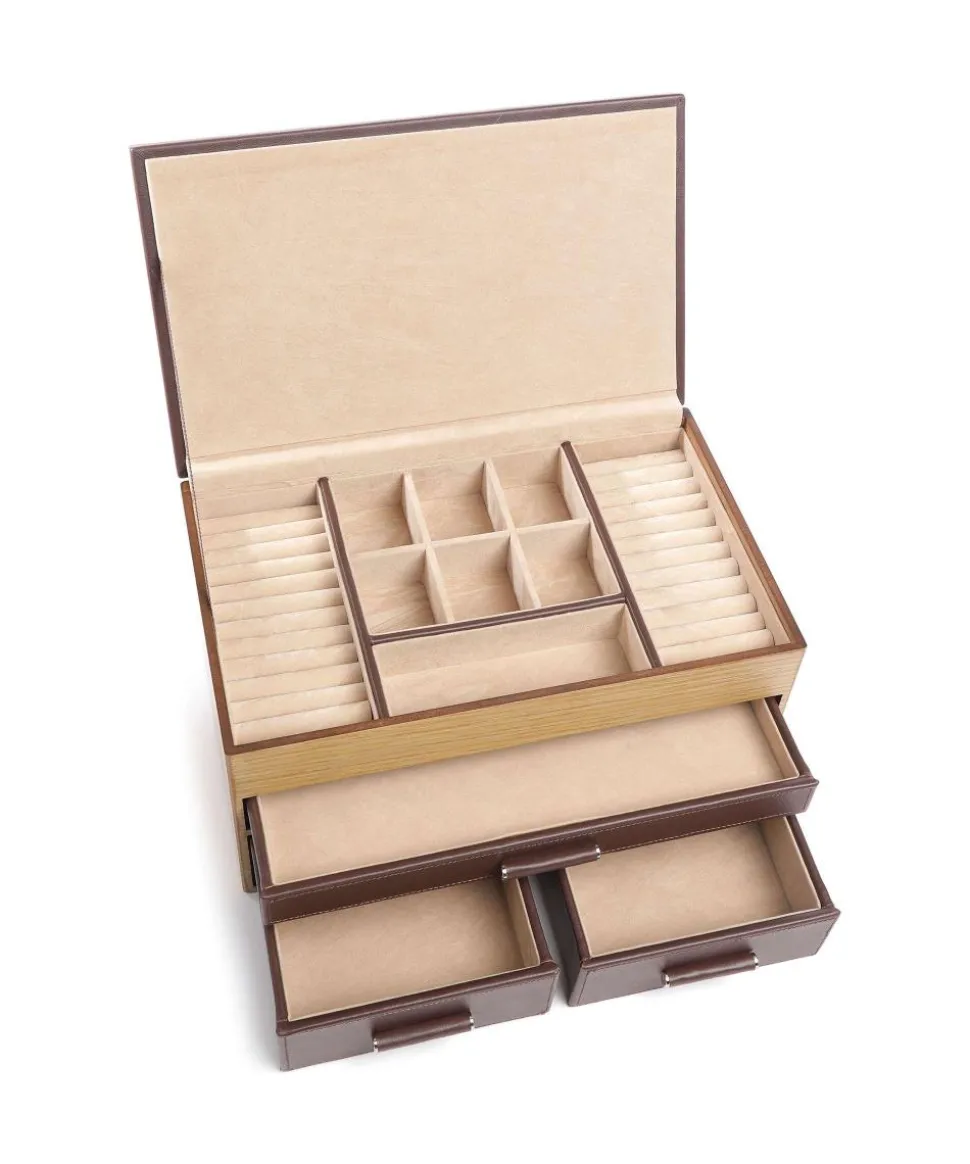 Wood Schmuckkasten fein genarbtes Rindsleder, Holz dunkelbraun