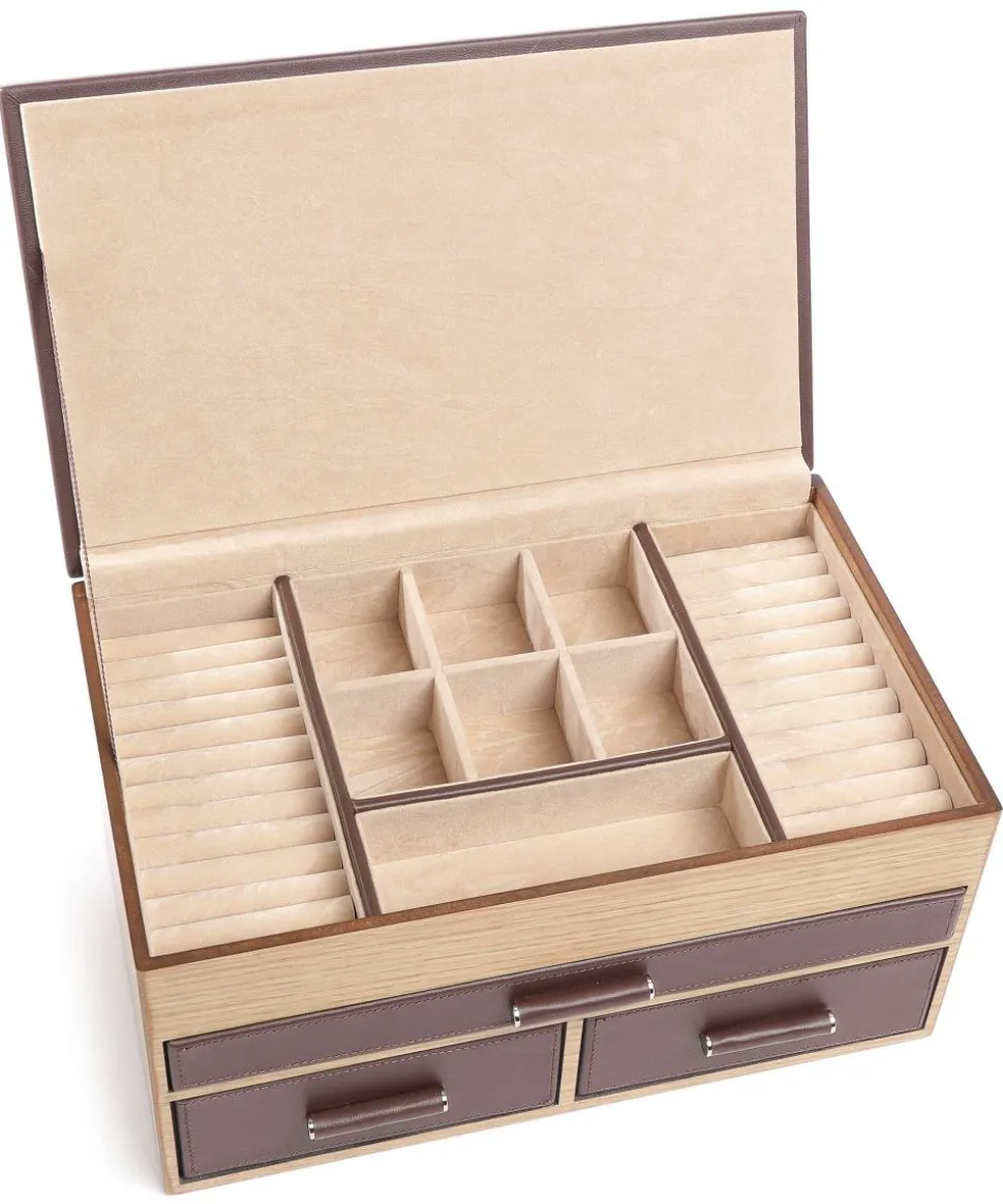 Wood Schmuckkasten fein genarbtes Rindsleder, Holz dunkelbraun